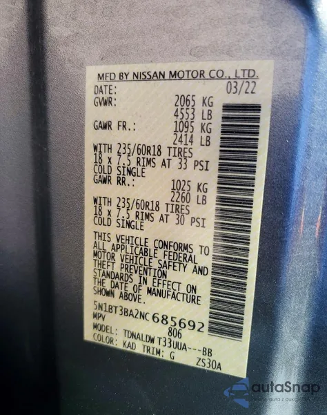 2022 Nissan Rogue Sv z USA, uszkodzony, nr VIN 5N1BT3BA2NC685692